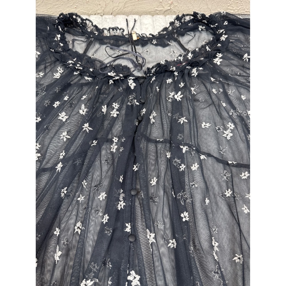 Free People Sheer Mesh Embroidered dress Black‎ Silver Floral Button Front S